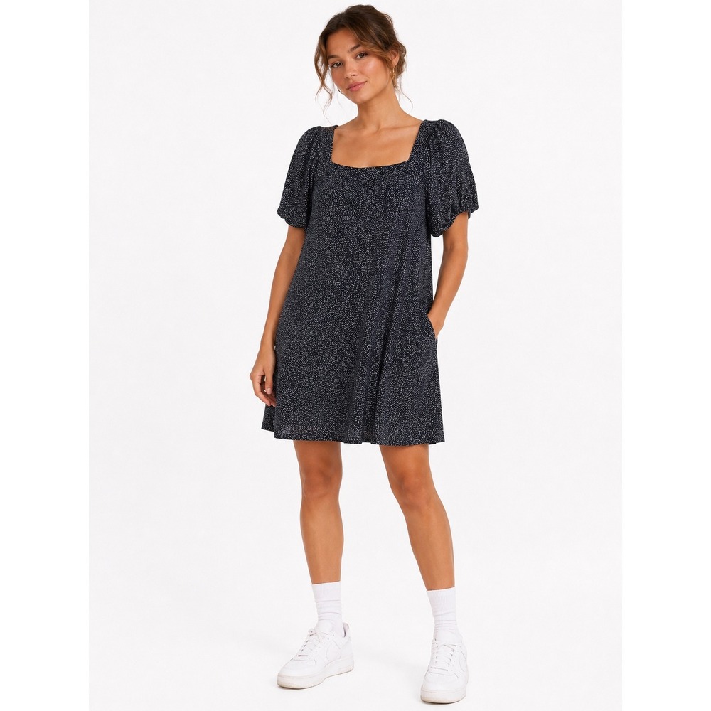 Loft Outlet‎ Shift Dress Womens L Navy Blue Polka Dot Puff Sleeve Square Neck